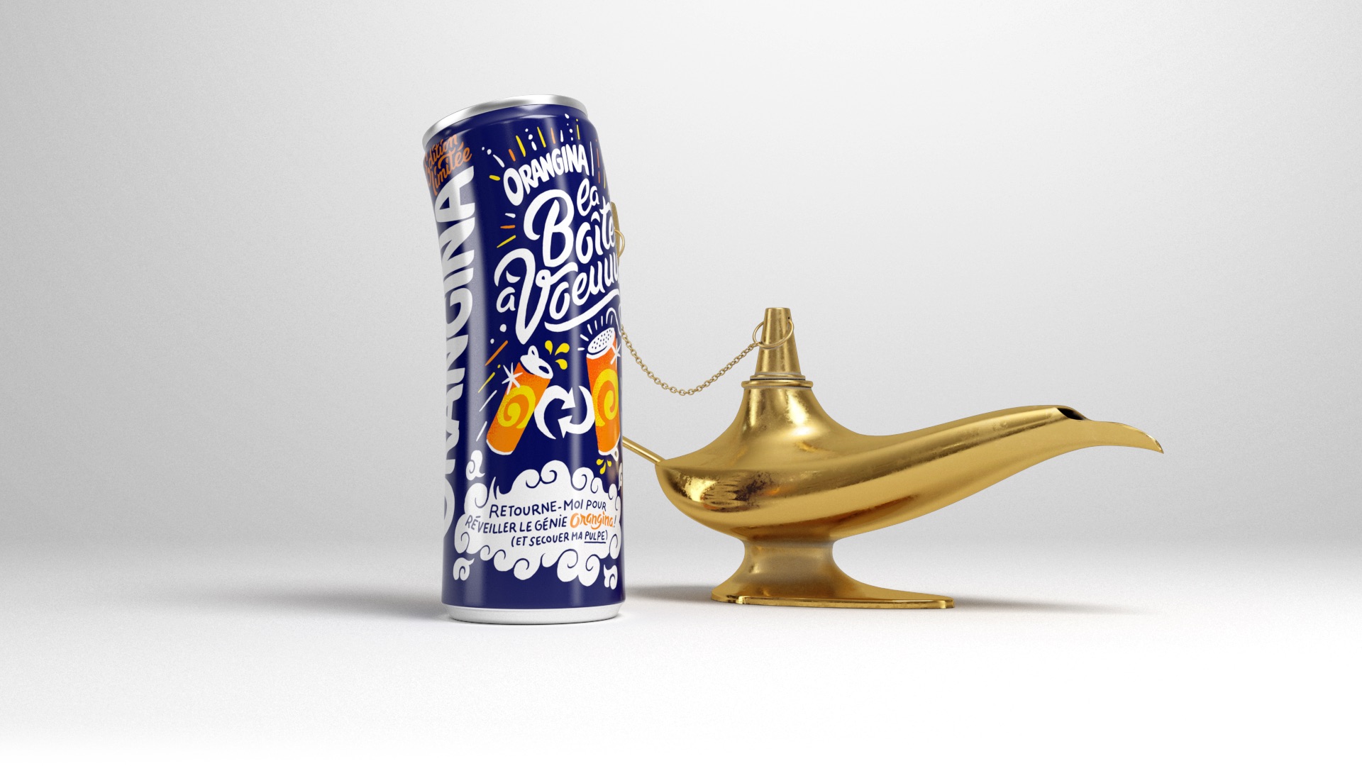 orangina cannette d'orangina et lampe de génie