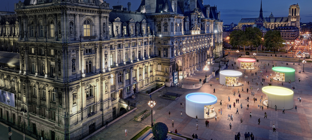 des Lumibars devant la Mairie de Paris Concept de Tier-lieu transformables devant le parvis de l'Hotel de Ville de Paris.
