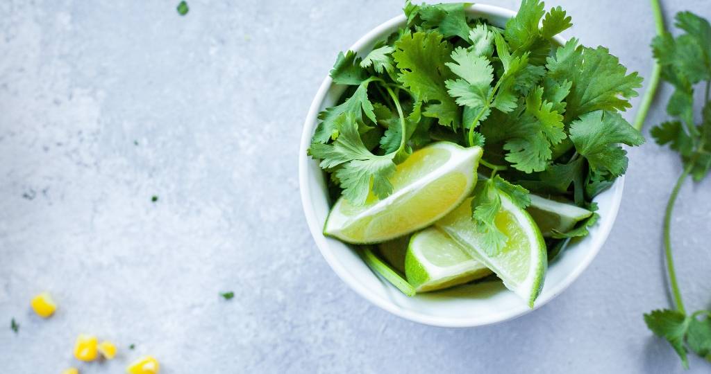 Bol de coriandre avec des citrons verts