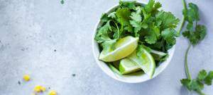 Bol de coriandre avec des citrons verts