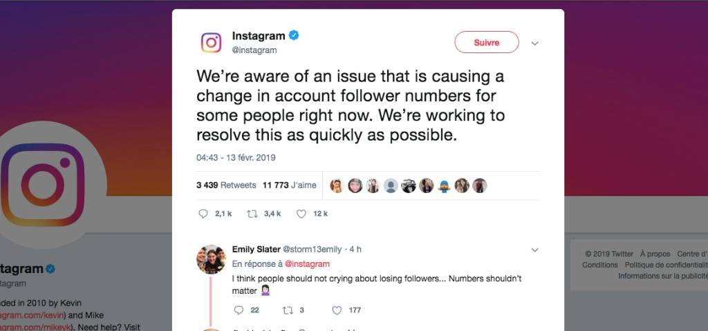 Capture d'écran d'un tweet d'Instagram