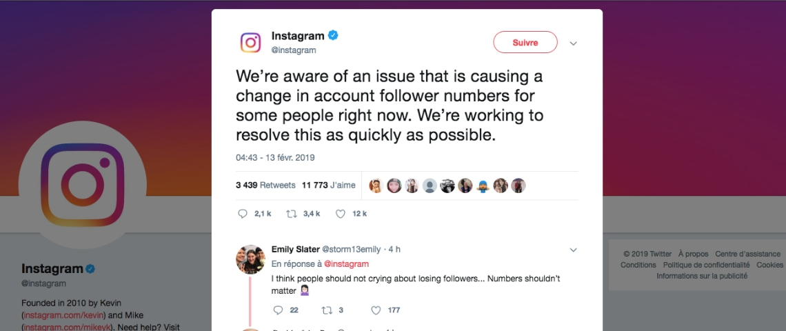 Instagram supprime des followers par erreur Capture d'écran d'un tweet d'Instagram