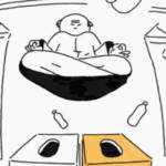 illustration jamonaise avec homme qui flottte au dessus de collecteur de bouteilles