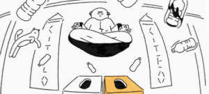 illustration jamonaise avec homme qui flottte au dessus de collecteur de bouteilles