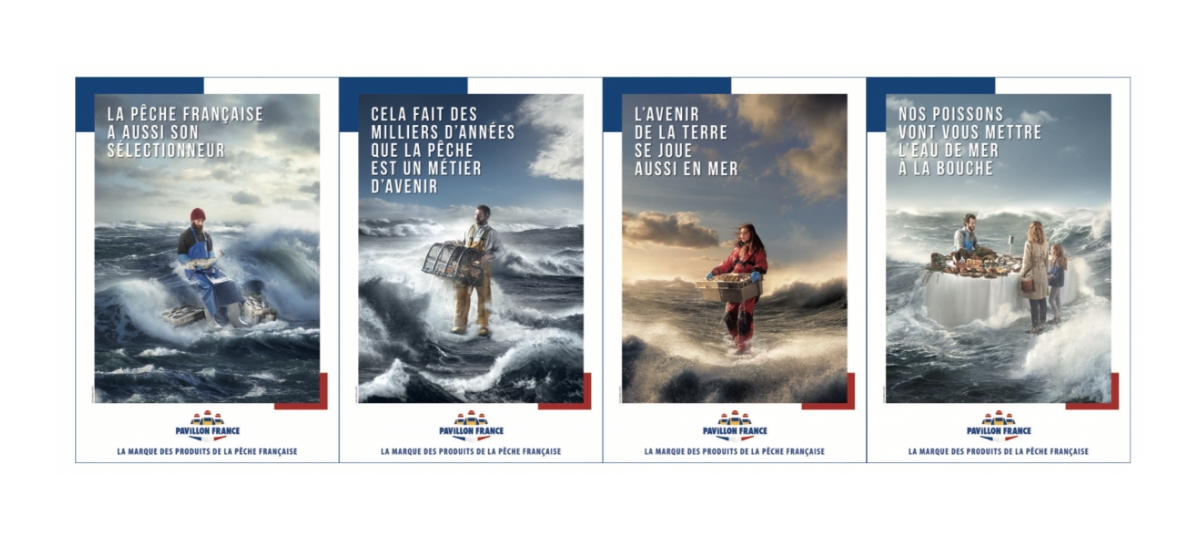 Pavillon France prend la mer avec Les Gros Mots Affiches de campagne, pêcheurs dans l'eau