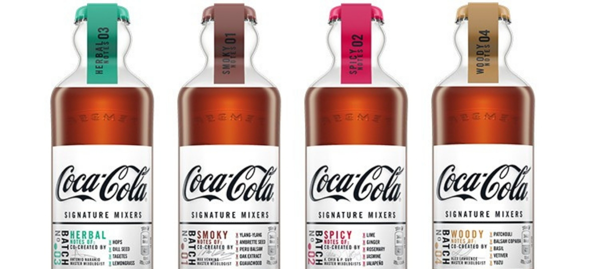 Coca-Cola lance 4 dérivés de sa recette mythique pour nos cocktails Packshot des quatre nouvelles recettes Coca-Cola Signature Mixers