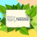 Le logo Nestlé entouré de feuilles sur un fond coloré