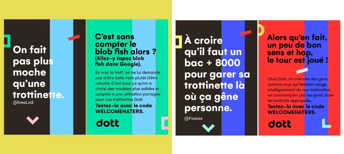 Les trottinettes électriques Dott vont à la rencontre de leurs haters Illustration coloré des - punnchlines - à l'encontre des trottinettes