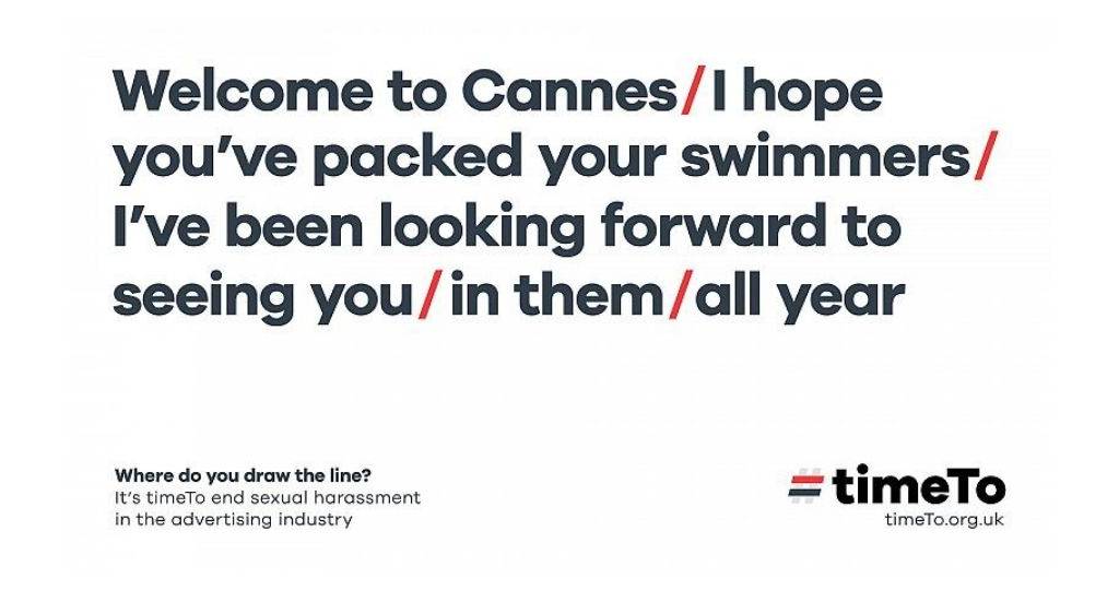 « Bienvenue à Cannes / Attention à ne pas se brûler / Je peux mettre de la crème solaire sur votre dos / Et sur le devant / Ne soyez pas timides – Ou est la limite ? »