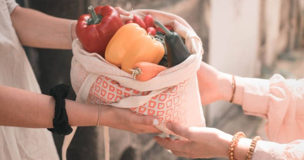 Deux personnes s'échangent un sac de fruits et de légumes