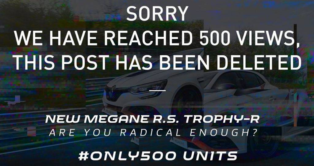 Renault lance sa campagne pour la nouvelle Megane R.S Trophy-R Message sur une vidéo - Désolé nous avons atteint les 500 vues. Le poste à été supprimé -