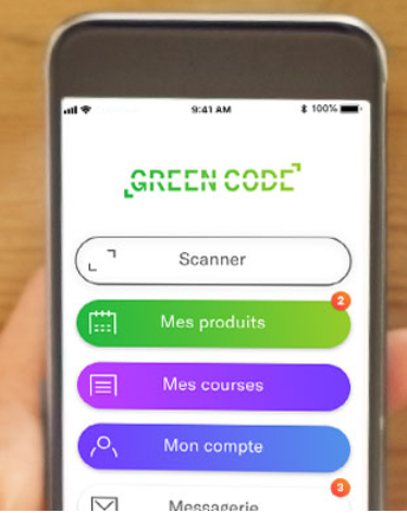 Visuel d'un téléphone allumé sur l'application Green Code