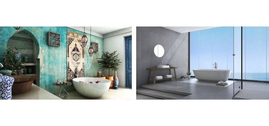 Photo de 2 salles dans des styles différents, l'une à l'orientale et l'autre moderne avec vue sur mer