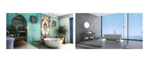 Photo de 2 salles dans des styles différents, l'une à l'orientale et l'autre moderne avec vue sur mer