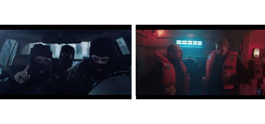 Visuels des 2 vidéos de la campagne Mc Donalds et TBWA/Paris - A gauche des braqueurs cagoulés dans une voiture et à droite des hommes dans un sous marin avec des gilets de sauvetage