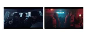 Visuels des 2 vidéos de la campagne Mc Donalds et TBWA/Paris - A gauche des braqueurs cagoulés dans une voiture et à droite des hommes dans un sous marin avec des gilets de sauvetage