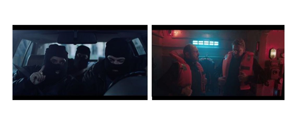 Visuels des 2 vidéos de la campagne Mc Donalds et TBWA/Paris - A gauche des braqueurs cagoulés dans une voiture et à droite des hommes dans un sous marin avec des gilets de sauvetage