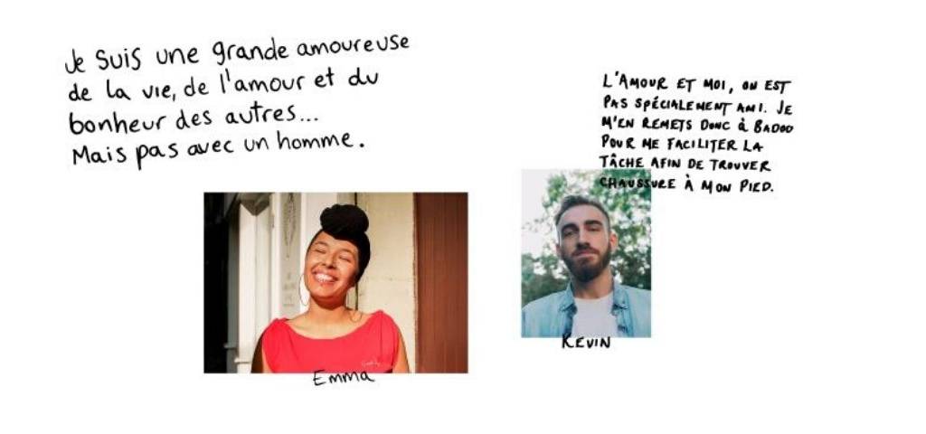 Visuel de la campagne Badoo, avec un homme et une femme qui décrivent ce qu'ils recherchent sur les sites de rencontres