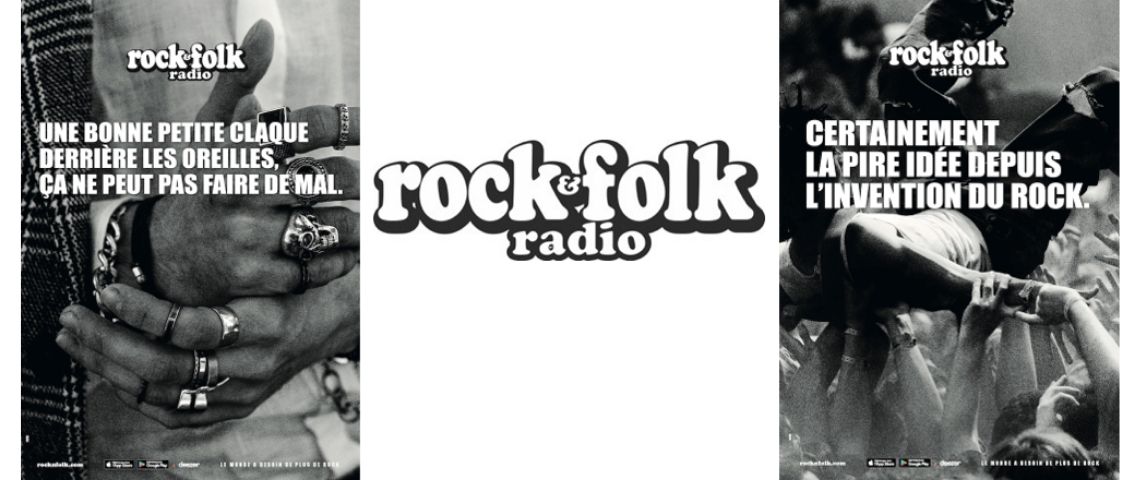 DDB Paris accompagne Rock&Folk pour le lancement de sa radio digitale le 18 novembre Visuel de la campagne avec le logo Rock&Folk au milieu