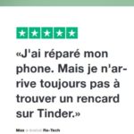 Visuel avec un avis publié en ligne : J'ai réparé mon phone. Mais je n'arrive toujours pas à trouver un rencard sur Tinder