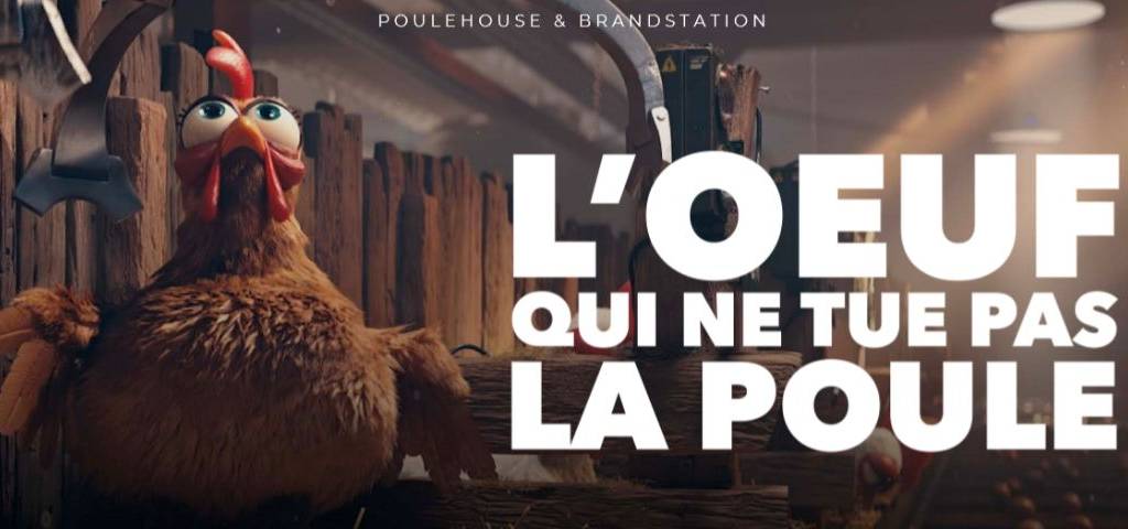 Capture d'écran du film de Poulehouse avec un poulailler et la mention : Poulehouse, l'oeuf qui ne tue pas la poule