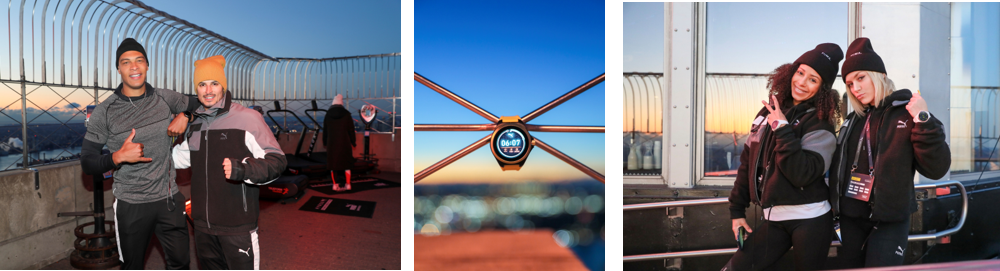 Triptyque de photos de la soirée de lancement de la montre connectée de Puma - 2 duos de chaque coté, à gauche 2 hommes et à droite 2 femmes et au centre la montre connectée