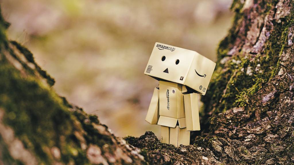 Petit bonhomme dans le creux d'un arbre réalisé avec des cartons Amazon
