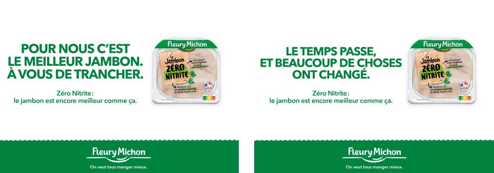 Capture de la campagne de Fleury Michon en faveur du zéro nitrite avec 2 slogans : 1-Pour nous c'est le meilleur jambon. A vous de trancher. 2- Le temps passe et beaucoup de choses ont changé.