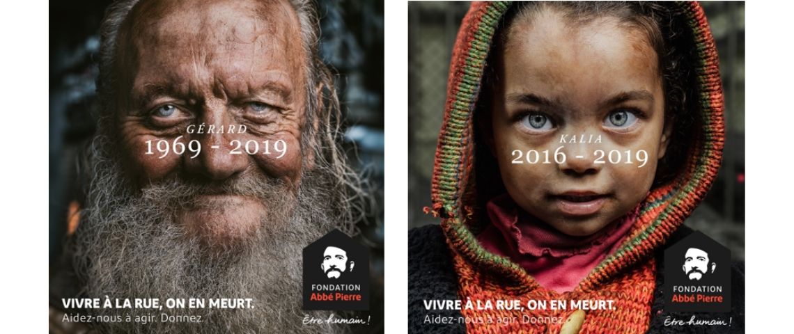 Dans sa nouvelle campagne de sensibilisation, la Fondation Abbé Pierre interpelle les citoyens sur la terrible réalité des plus démunis. Photo d'un homme et d'une enfant avec leur date de naissance et date de mort