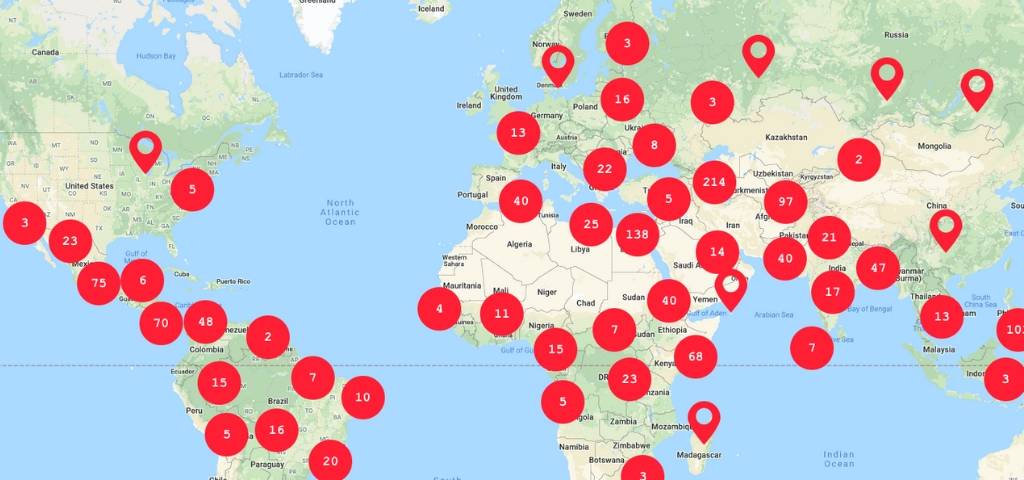La carte des journalistes assassinés une carte google map avec plusieurs point rouge qui montre les endroits où ont été assassiné les journalistes