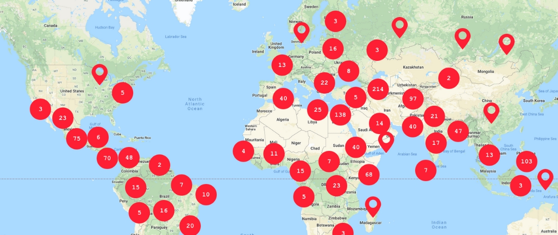 La carte des journalistes assassinés une carte google map avec plusieurs point rouge qui montre les endroits où ont été assassiné les journalistes
