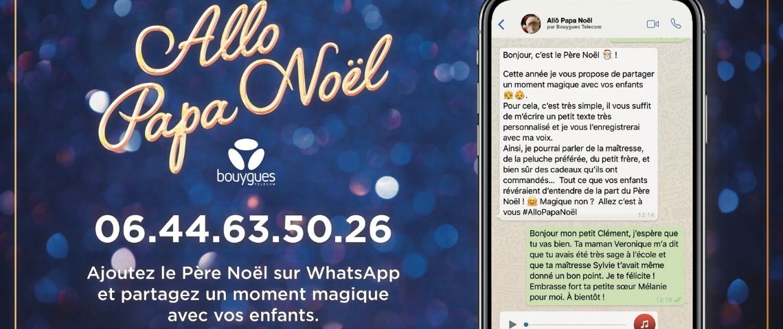 Bouygues Telecom propose aux enfants de parler au Père Noël via Whatsapp Capture d'écran d'un échange sur Whatsapp, entre un enfant et le Père Noël