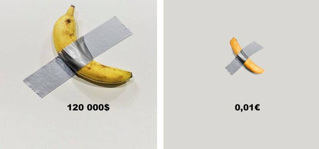 Burger-King-trolle-banane-maurizio-cattelan Photo du pastiche de Burger King qui trolle la banane de Maurizio Cattelan. A gauche la banane de l'artiste au prix de 120 000 dollars. A droite, une frite de Burger King à 0.01 dollars
