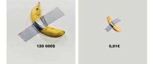 Photo du pastiche de Burger King qui trolle la banane de Maurizio Cattelan. A gauche la banane de l'artiste au prix de 120 000 dollars. A droite, une frite de Burger King à 0.01 dollars