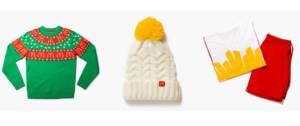 Collection Holidays Mc Donalds, avec un pull, un bonnet blanc et un ensemble t-shirt et short