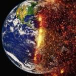 Planète, divisée en 2 parties, avec d'un côté la planète bleur et de l'autre la planète qui part en feu