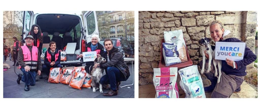 photo de responsable de refuges avec leur animaux et des sacs de croquettes, avec une pancarte, Merci Youcare
