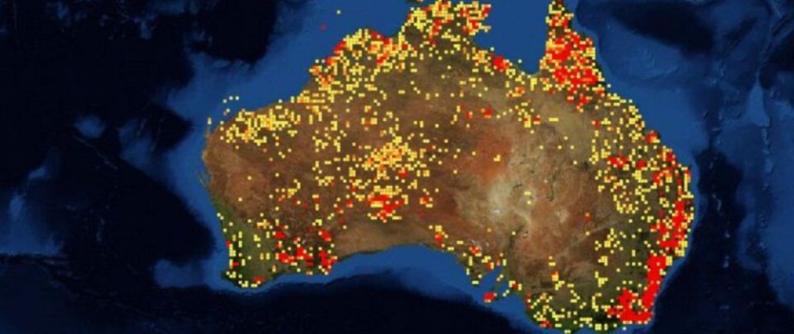 Les célébrités s'engagent pour venir en aide aux Austaliens dans la lutte contre les incendies Carte de l'Asutralie avec les zones touchées par les incendies
