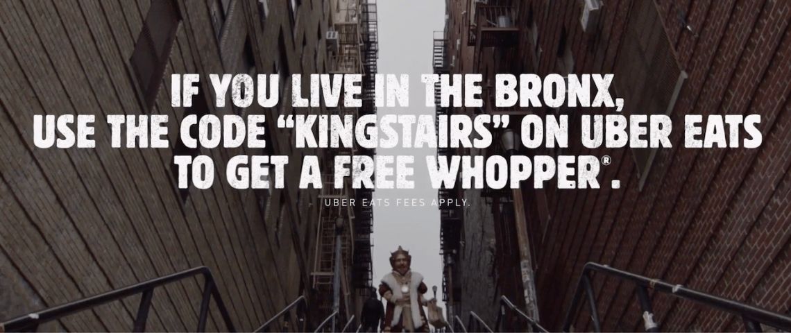 Burger King offre des Whoppers gratuits au Bronx pour avoir supporté tous les touristes du film «Joker» Affiche de Buirger King : - If you libe in the Bronx use te code - Kingstairs - on uber ats to get a free whopper