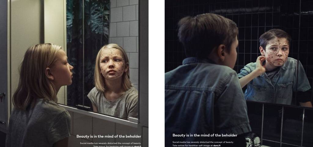 2 jeunes enfants devant un miroir avec leur image qui comporte des traits de chirurgie esthétique