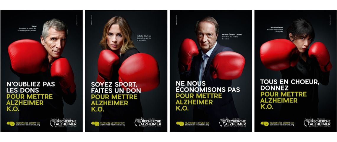 la Fondation Recherche Alzheimer renouvelle sa confiance à WNP avec une nouvelle campagne d’affichage mettant en avant 4 personnalités Photo de Nolwenn Leroy, Isabelle Ithurburu, Nagui et Michel-Édouard Leclerc avec des gants rouges