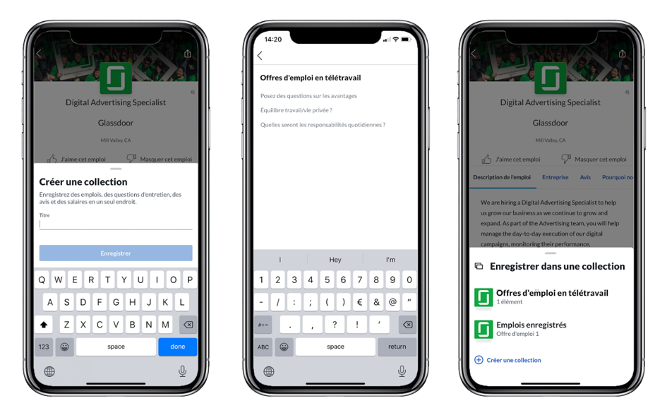Capture écran de la nouvelle fonctionnalité Collection Glassdoor