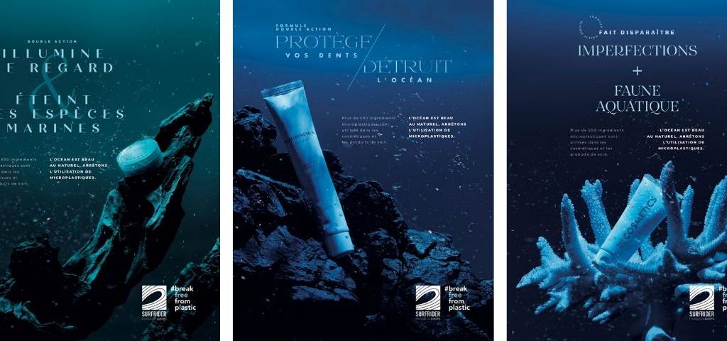 Visuel de la campagne de sensibilisation, avec des tubes cosmétiques échoué dans les fonds marins