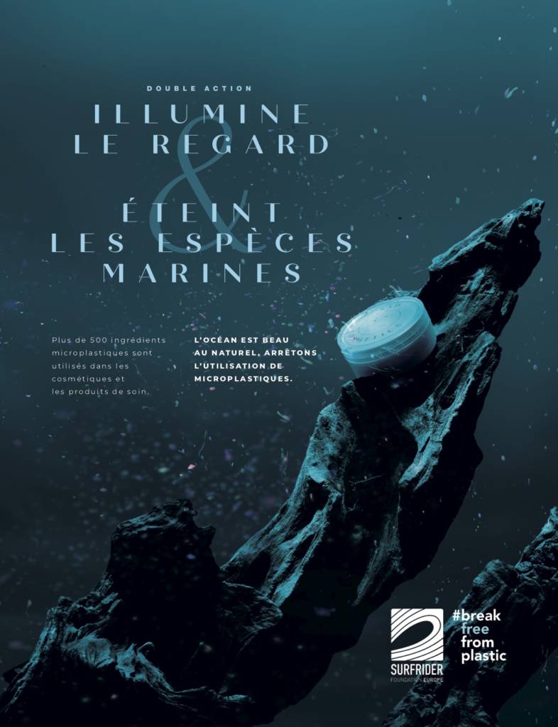 Visuel de la campagne de sensibilisation, avec des tubes cosmétiques échoué dans les fonds marins