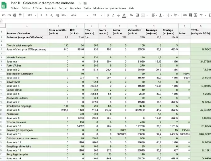 Capture d'écran d'un fichier excel