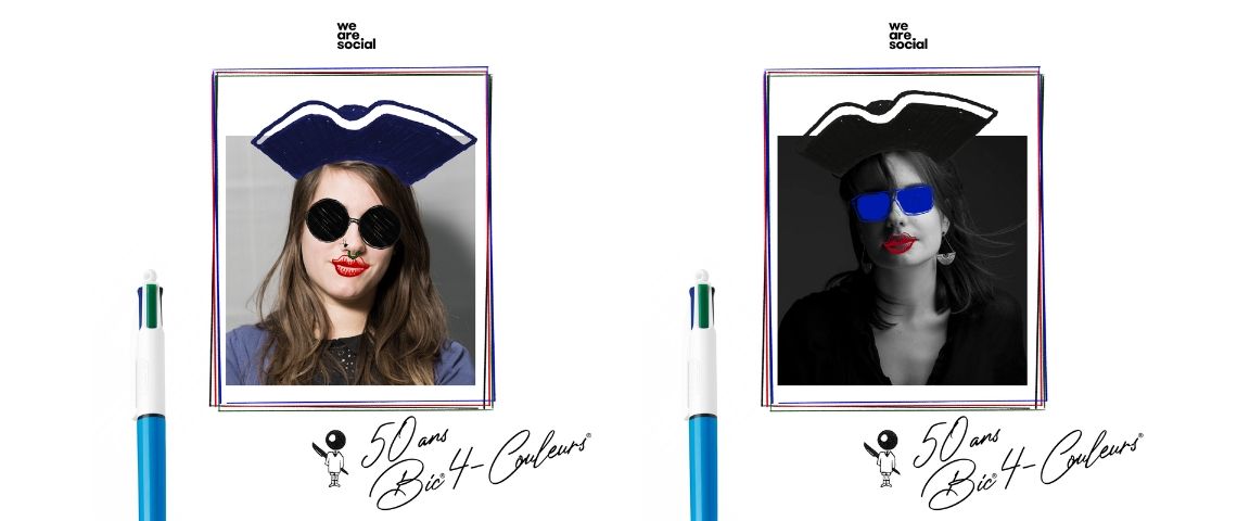 Bic célèbre les 50 ans de son stylo 4 couleurs, avec un filtre en réalité augmentée pour nous refaire le portrait Melanie et Margaux avec le filtre Bic sur l'une de leur photo