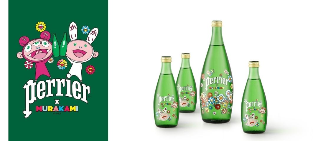 Perrier annonce une nouvelle collaboration avec Takashi Murakami Bouteille Perrier sérigraphiées par Takashi Murakami