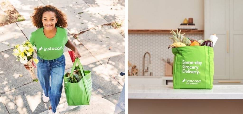 Jeune femme portant un T-shirt Instacart et livrant des produits dans une sac Instacart