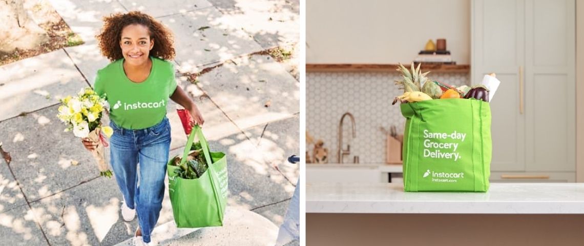 Instacart, plateforme de livraison collaborative, annonce une levée de fonds de 200 millions de dollars Jeune femme portant un T-shirt Instacart et livrant des produits dans une sac Instacart