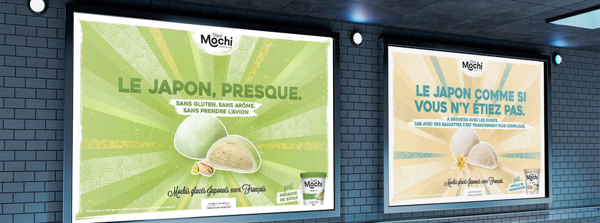 Accompagnée par l'agence Humanfish, Exquis Mochi invite - presque - au voyage Campagne d'affichage Exquis Mochi